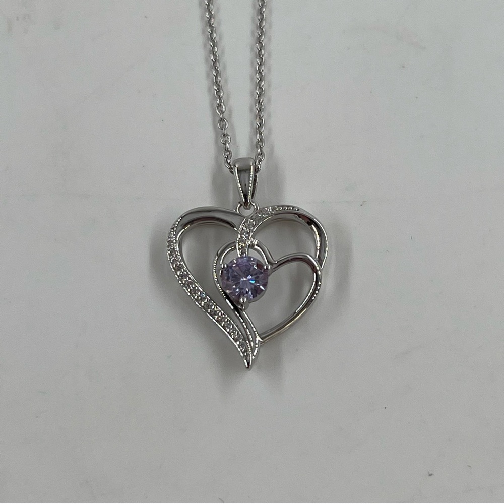 20” 925 Sterling Silver Chain Crystal Lavender Gemstone Double Heart Pendant